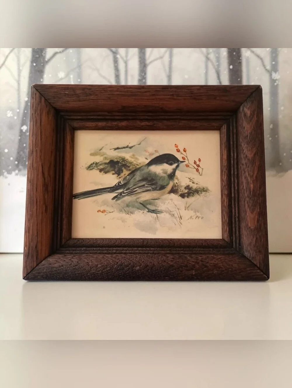 Vtg Mini Framed Chickadee Bird Print Rustic Wood Frame Cottagecore Cabin Decor